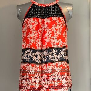 Daniel Rainn Red Floral Halter Camisole with Black Crochet Yoke